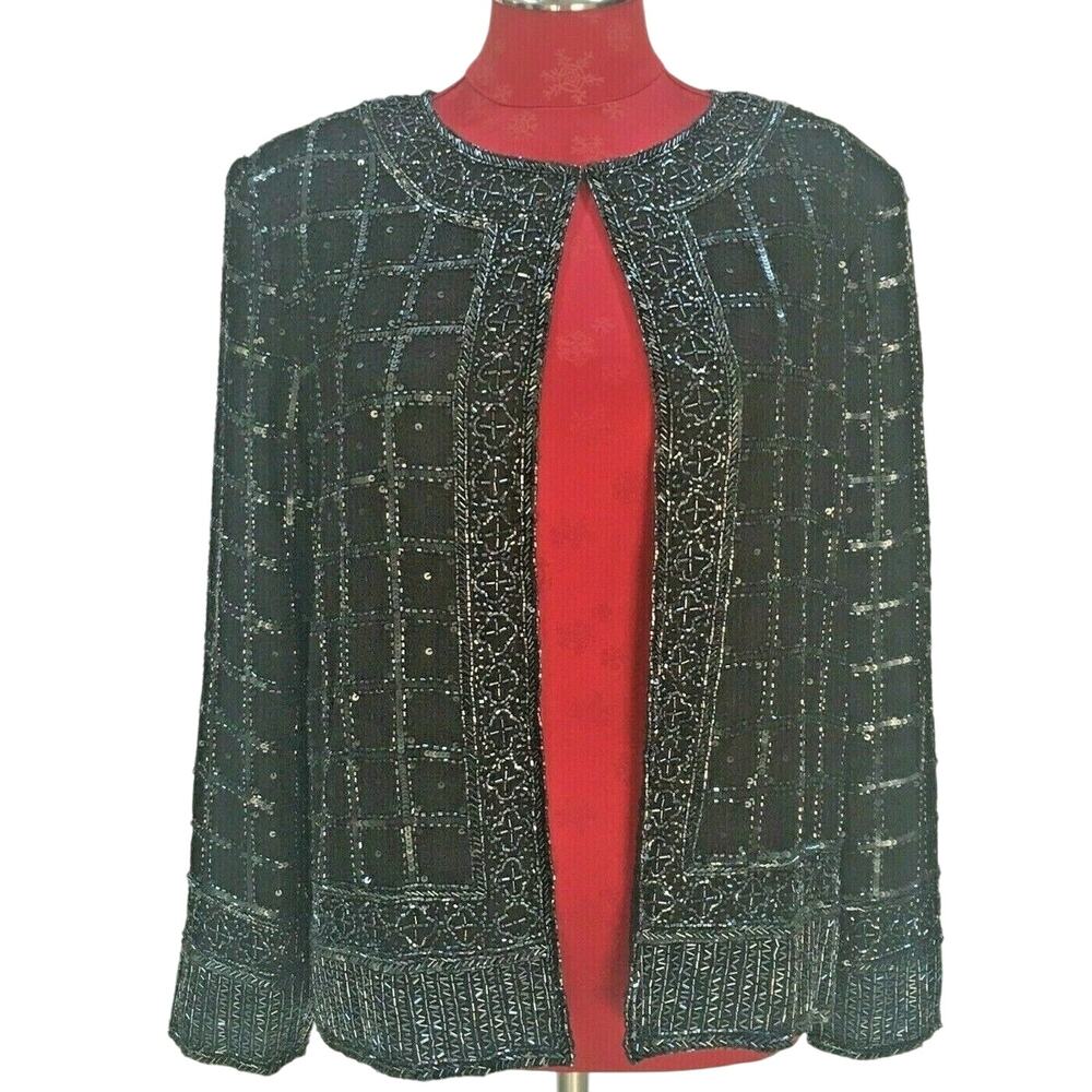 Vtg Open Front Black Bead & Sequins Silk Jacket XL